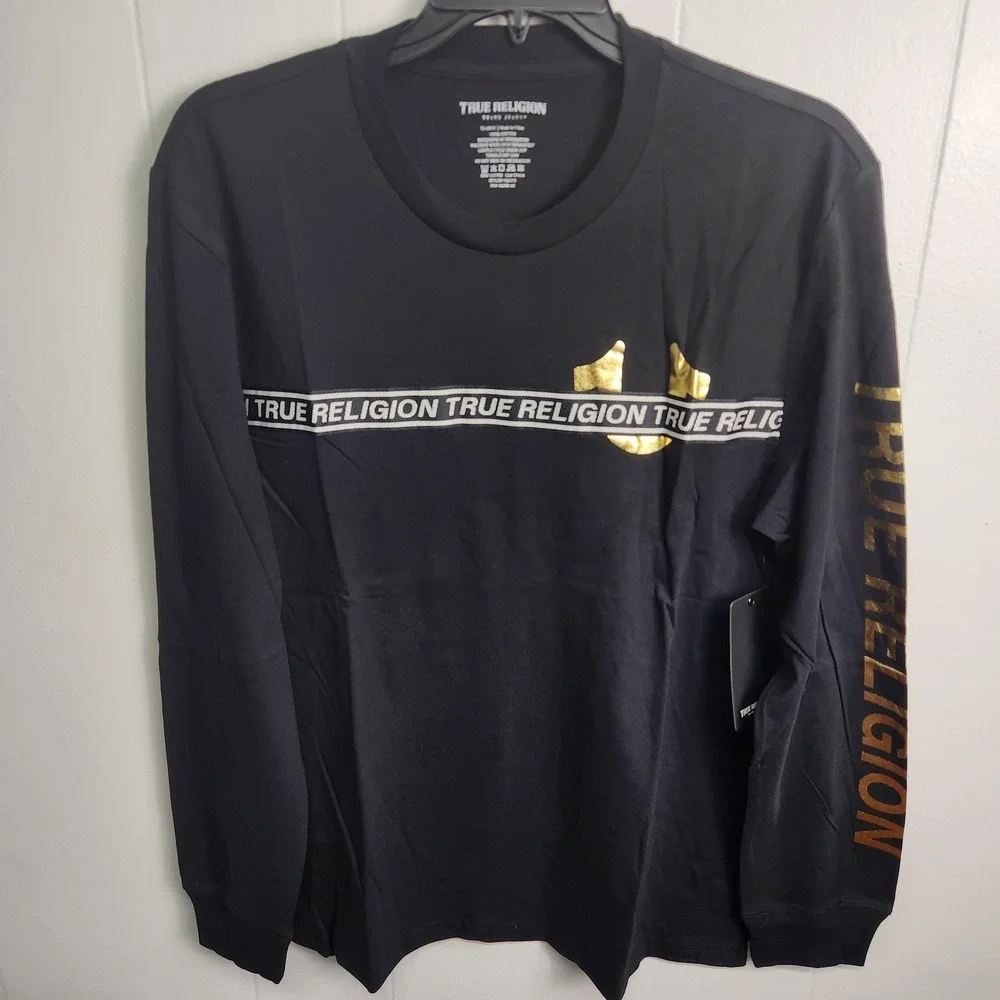 True Religion Shirt Mens XL Black Foil Taping Long Sleeve‎ Gold Logo Streetwear
